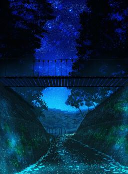 absurdres blue_sky bridge commentary_request cool_colored highres night no_humans original outdoors pizza_(pddc8233) river scenery sky star_(sky) starry_sky tree wooden_bridge