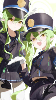 2girls :3 :d absurdres belt black_belt black_hat black_jacket black_shorts black_skirt blue_archive blush buttons chinese_commentary closed_mouth commentary_request cowboy_shot demon_girl demon_tail double-breasted earrings film_grain green_halo hair_between_eyes halo hand_up hands_up hat highres hikari_(blue_archive) jacket jewelry long_hair long_sleeves looking_at_viewer making_faces miniskirt multiple_girls nozomi_(blue_archive) open_hand open_mouth pantyhose peaked_cap pleated_skirt pointy_ears re_naya shorts siblings sidelocks simple_background sisters skirt smile tail twins twintails very_long_hair wavy_hair white_background yellow_eyes