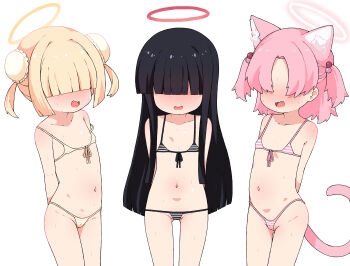 3girls absurdres animal_ears bikini black_hair blonde_hair blue_archive cat_ears cat_tail chlorella_observation_club_member_(blue_archive) double_bun faceless faceless_female flat_chest hair_bobbles hair_bun hair_ornament hair_over_eyes halo highres justice_task_force_member_(blue_archive) loli long_hair micro_bikini multiple_girls navel pink_hair pink_halo pruzhka_(wardi113) red_halo shanhaijing_secondary_school_student_(blue_archive) simple_background striped_bikini striped_clothes swimsuit tail white_background yellow_halo