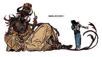 2boys abaddon_(demon)_(haunted_hotel) abaddon_(haunted_hotel) arabian_clothes blood bloody_knife blue_robe bowing brown_hair chinese_commentary chinese_text claws commentary_request dagger demon dual_persona earrings extra_arms haunted_hotel highres holding holding_dagger holding_knife holding_weapon hooves horns jewelry knife long_hair male_focus multiple_boys nipple_chain nipple_piercing piercing priest&#039;s_son_(haunted_hotel) red_eyes repeeksdnuorg robe simple_background sitting skirt solo sultan&#039;s_game tail topless_male translation_request turban weapon white_background yellow_skirt