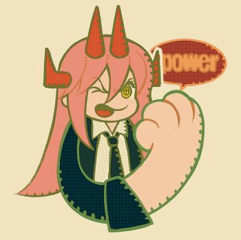 1girl black_jacket black_necktie chainsaw_man commentary cross-shaped_pupils demon_girl demon_horns horns jacket large_arm long_hair multiple_horns necktie one_eye_closed open_mouth pink_hair popeye_the_sailor power_(chainsaw_man) red_horns solo speech_bubble symbol-only_commentary symbol-shaped_pupils tuzaixia yellow_eyes