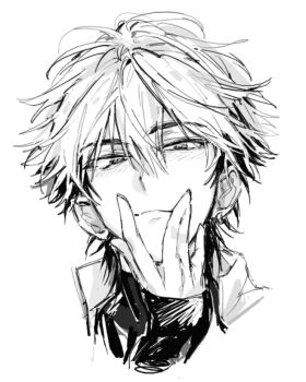 Rule 34 | 1boy, blush, closed mouth, earrings, fingernails, greyscale, hair between eyes, half-closed eyes, hand on own chin, hand on own face, hand up, jacket, jewelry, looking at viewer, male focus, messy hair, monochrome, multicolored hair, portrait, shiguang dailiren, shirt, short hair, simple background, sketch, sleeves past wrists, smile, solo, turtleneck, two-tone hair, tyoookozuki, white background, xia fei