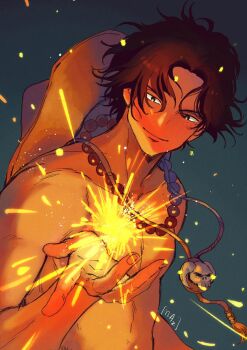 Rule 34 | 1boy, black hair, closed mouth, commentary, embers, fire, freckles, hat, highres, jewelry, male focus, miaz88388191, necklace, one piece, orange hat, pearl necklace, portgas d. ace, short hair, smile, solo, topless male, upper body