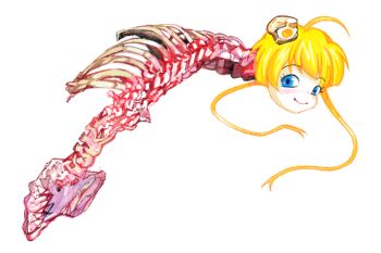 1girl ahoge avvunka blonde_hair blue_eyes blush bone bread egg food guro hair_ornament looking_at_viewer original rattail ribs smietana_(avvunka) smile solo spine white_background