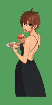 1girl back black_dress breasts brown_eyes brown_hair cropped_legs dress earrings eating food from_behind green_background holding holding_food holding_plate jewelry kei_sakuragi looking_at_viewer looking_back mouth_hold picopico256 pixel_art plate short_hair simple_background sleeveless sleeveless_dress solo the_scramble_vice