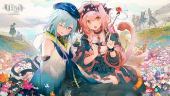 Rule 34 | 1boy, 1girl, :p, animal ears, arknights, cat ears, cloud, commentary, crossed bangs, day, english commentary, field, flower, flower field, goldenglow (arknights), hair between eyes, highres, looking at viewer, mizuki (arknights), namie-kun, one eye closed, open mouth, outdoors, pink eyes, pink hair, sky, thighhighs, tongue, tongue out