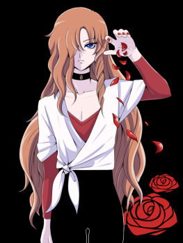 Rule 34 | 1boy, arm at side, bishounen, black background, black choker, black pants, blonde hair, blue eyes, chinmi megu, choker, choker jewel, collarbone, commentary request, cowboy shot, curtained hair, eyelashes, falling petals, flower, gem, hair over one eye, hand up, layered shirt, light frown, long bangs, long hair, long sleeves, looking at viewer, male focus, maraich juschenfe, pale skin, pants, parted bangs, patalliro!, petals, red flower, red nails, red rose, red shirt, rose, serious, shirt, simple background, solo, straight-on, tied shirt, v-neck, wavy hair, white shirt