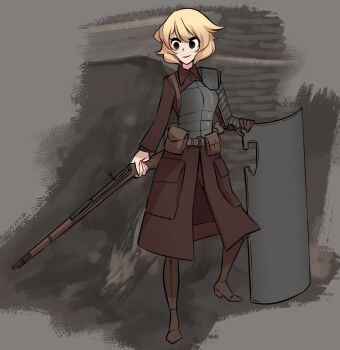 1girl armor belt belt_pouch blonde_hair boots brown_belt brown_boots brown_coat brown_eyes centurii-chan centurii-chan_(character) closed_mouth coat commentary english_commentary gun highres holding holding_gun holding_shield holding_weapon original pouch rifle shield short_hair solo weapon