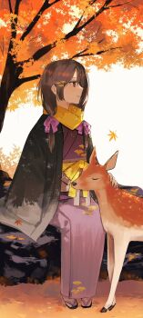 1girl alt_(apou) animal autumn autumn_leaves baby_animal black_hair black_haori bow brown_eyes closed_mouth commentary_request deer falling_leaves fawn full_body hair_bow hair_ornament haori highres japanese_clothes kimono leaf long_hair long_sleeves looking_ahead low_twintails obi obijime on_rock original outdoors petting pink_bow print_kimono profile purple_kimono sandals sash scarf sitting smile solo tabi twintails yellow_scarf zouri