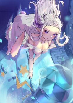 1girl absurdres bare_shoulders bent_over blush breasts cleavage closed_mouth collarbone commentary_request detached_sleeves dress elf emilia_(re:zero) falling flower foreshortening full_body hair_flower hair_ornament hair_ribbon hammer highres hitting holding holding_hammer huge_weapon jewelry justjast large_breasts long_hair medium_breasts necklace off-shoulder_dress off_shoulder pointy_ears purple_eyes purple_ribbon re:zero_kara_hajimeru_isekai_seikatsu ribbon rose signature solo torn_clothes torn_dress war_hammer weapon white_dress white_flower white_hair white_rose wide_sleeves