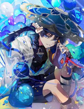 1boy 1other asrhion balloon blue_eyes blue_hair dragon durin_(genshin_impact) genshin_impact hand_up happy_birthday highres looking_at_viewer mini_durin_(genshin_impact) ribbon scaramouche_(genshin_impact) shorts smile teeth wanderer_(genshin_impact)