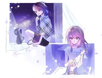 2girls black_hair black_shorts cat commentary curtains dress finger_to_mouth floating_curtains grey_jacket hashtag-only_commentary highres holding_hands jacket long_hair medium_hair multiple_girls naoi_(zenbu_kowashite_jigoku_de_aishite) open_mouth pink_eyes pink_hair plaid_clothes plaid_jacket purple_eyes shorts shushing sweatdrop symbol-only_commentary three-quarter_sleeves unmoving_pattern white_dress xioch7972291 yoshizawa_kurumi zenbu_kowashite_jigoku_de_aishite