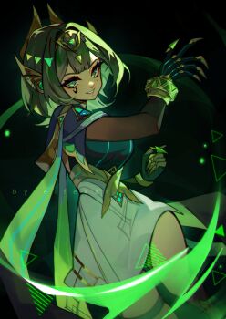 absurdres ancient_egyptian_clothes bob_cut claw_ring commentary elf_exar facial_mark genshin_impact green_background green_eyes green_hair hair_ornament highres looking_at_viewer mole mole_under_eye nefer_(genshin_impact) short_hair smile symbol-only_commentary triangle