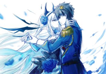 1boy 1girl black_hair blue_eyes crown dancing dress fate/grand_order fate_(series) fujimaru_ritsuka_(male) fujimaru_ritsuka_(male)_(halloween_royalty) hair_between_eyes hair_ornament highres long_hair mini_crown morgan_le_fay_(apex)_(fate) morgan_le_fay_(fate) ringozuki short_hair simple_background very_long_hair white_background white_hair