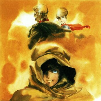 Rule 34 | 1girl, 2boys, amuro ray, blue eyes, cape, closed mouth, crowley hamon, desert, earth federation space forces, facial hair, gundam, highres, mecha, military uniform, mobile suit gundam, multiple boys, mustache, non-web source, official art, ramba ral, retro artstyle, robot, scan, signature, yasuhiko yoshikazu, zeon