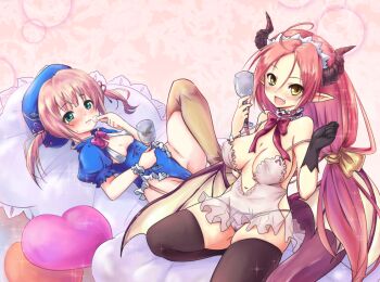 2girls alcohol breasts cameltoe camisole christine_ketoura cup dragon_girl dragon_horns dragon_wings drunk hat holding holding_cup horns iris_mysteria! large_breasts multiple_girls nibokku pointy_ears see-through_clothes sharon_oliva small_breasts thighhighs twintails wings