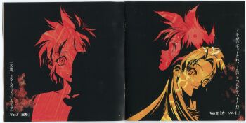 Rule 34 | 2girls, absurdres, artist request, binding discoloration, black background, closed mouth, curtained hair, double exposure, eyelashes, gears, high contrast, highres, key the metal idol, kuriyagawa sakura, long hair, looking at viewer, looking up, mima tokiko, multiple girls, multiple monochrome, multiple views, official art, page number, parted lips, profile, scan, scan artifacts, short hair, smile, spiked hair, straight-on, third-party source, translation request, upturned nose