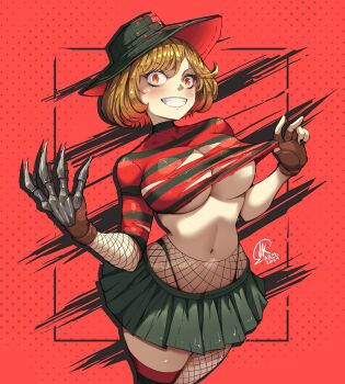 1girl a_nightmare_on_elm_street blush breasts brown_hair claw_(weapon) cosplay fingerless_gloves fishnet_thighhighs fishnets freddy_krueger gloves halloween highres jk_arts large_breasts navel orange_eyes pleated_skirt short_hair skirt smile solo striped_clothes thighhighs torn_clothes weapon