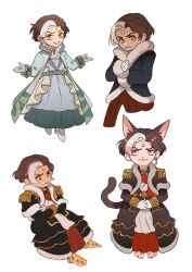 Rule 34 | 1boy, 5altybitter5, animal ears, black coat, brown hair, cat ears, cat tail, chibi, closed mouth, coat, earrings, emet-selch, epaulettes, final fantasy, final fantasy xiv, gloves, highres, jewelry, kemonomimi mode, long coat, looking at viewer, male focus, multicolored hair, multiple views, short hair, simple background, smile, streaked hair, tail, white background, white gloves, yellow eyes