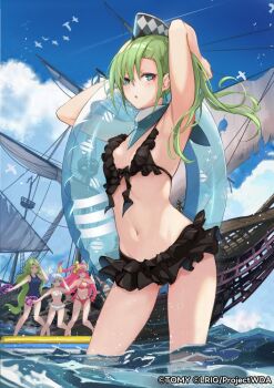4girls arm_up armpits bikini black_bikini blue_eyes blue_one-piece_swimsuit blue_sky breasts character_request cleavage cloud copyright_notice frilled_bikini frills green_eyes holding holding_swim_ring innertube kurosawa_tetsu long_hair looking_at_viewer multiple_girls navel official_art one-piece_swimsuit pink_bikini pirate_ship sky small_breasts swim_ring swimsuit tama_(wixoss) wading water white_bikini wixoss