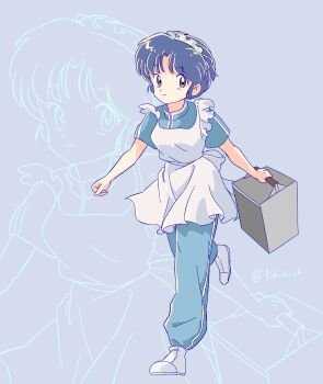 Rule 34 | 1girl, absurdres, apron, blue hair, blue pants, box, brown eyes, closed mouth, commentary, full body, grey background, highres, holding, holding box, maid headdress, pants, ranma 1/2, shoes, short hair, short sleeves, smile, solo, split mouth, tendou akane, tokito rk, twitter username, untranslatable commentary, white apron, white shoes