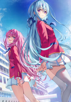 2girls advanced_nurturing_high_school_uniform arms_behind_back blue_eyes blue_hair blue_ribbon blue_sky breasts closed_mouth commentary_request hair_ribbon highres ichinose_honami_(youjitsu) jacket medium_breasts multiple_girls official_art open_mouth pink_hair pleated_skirt purple_eyes red_jacket ribbon school_uniform second-party_source shiina_hiyori shirt skirt sky smile thighhighs tomose_shunsaku white_shirt white_skirt white_thighhighs youkoso_jitsuryoku_shijou_shugi_no_kyoushitsu_e