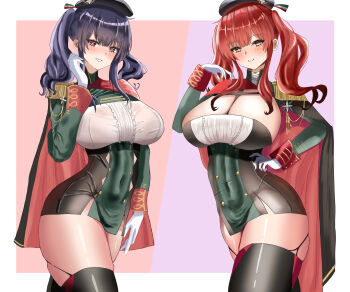 2girls absurdres aiguillette asa_(tcpp3423) azur_lane beret black_cape black_dress black_hat black_thighhighs blunt_bangs blush breasts cape cleavage closed_mouth commentary_request covered_navel cowboy_shot dress framed_breasts garter_straps gloves green_dress green_shrug hair_between_eyes hand_on_own_hip hand_up hat highres italian_flag large_breasts long_hair long_sleeves looking_at_viewer multiple_girls parted_lips pola_(azur_lane) purple_hair red_cape red_eyes red_hair shrug_(clothing) sidelocks skindentation smile standing strapless strapless_dress taut_clothes taut_dress thighhighs twintails two-tone_cape two-tone_dress white_gloves zara_(azur_lane) zettai_ryouiki
