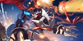 Rule 34 | absurdres, blue scales, commission, digimon, digimon (creature), digimon adventure 02, dragon, full body, fusion, highres, imperialdramon, imperialdramon dragon mode, midair, mugendramon, no humans, omochi (mochi skymega), red eyes, red wings, sharp teeth, shoulder cannon, skeb commission, solo, teeth, white hair, wings