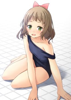 Rule 34 | 1girl, bow, breasts, brown hair, commentary request, green eyes, highres, looking at viewer, one-piece swimsuit, original, school swimsuit, shibacha, sitting, small breasts, smile, solo, swimsuit, yokozuwari