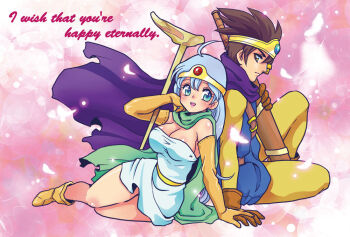 1boy 1girl back-to-back belt black_hair blue_eyes blue_hair blue_tunic bodysuit boots breasts brown_belt brown_eyes brown_gloves cape circlet cleavage closed_mouth commentary_request dragon_quest dragon_quest_iii dress elbow_gloves english_text floating_cape gloves green_cape hand_up hero_(dq3) holding holding_sheath holding_sword holding_weapon kisaragi_miyuki large_breasts long_hair looking_at_viewer looking_back open_mouth pink_background purple_cape roto_(dq3) sage_(dq3) sheath sheathed short_hair sitting smile staff strapless strapless_dress sword teeth tunic upper_teeth_only weapon yellow_belt yellow_bodysuit yellow_boots yellow_gloves yokozuwari