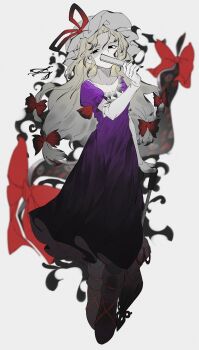 1girl black_eyes blonde_hair blurry blurry_background boots bow commentary covering_own_mouth elbow_gloves folding_fan full_body gap_(touhou) gloves hair_bow hand_fan hat hat_ribbon highres holding holding_fan holding_umbrella long_hair mob_cap multiple_hair_bows o_(crazyoton46) puffy_short_sleeves puffy_sleeves purple_eyes red_bow ribbon short_sleeves simple_background solo touhou umbrella very_long_hair white_background white_gloves white_hat yakumo_yukari