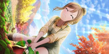 1girl absurdres alternate_hairstyle artist_name artist_request bare_legs blouse blue_sky blush boots breasts brown_boots brown_eyes brown_hair checkered_clothes checkered_shirt closed_eyes cloud collarbone collared_shirt day fall_kitchen_(love_live!) female_focus floating_hair garden green_pants green_shorts hair_between_eyes hair_bun highres kunikida_hanamaru lace-up_boots light_brown_hair long_hair looking_at_viewer love_live! love_live!_school_idol_festival love_live!_school_idol_festival_all_stars love_live!_sunshine!! mountain outdoors pants parted_lips pulling shirt short_pants short_sleeves shorts single_hair_bun sky small_breasts smile socks solo sparkle three-quarter_sleeves tree wavy_hair wing_collar yellow_shirt