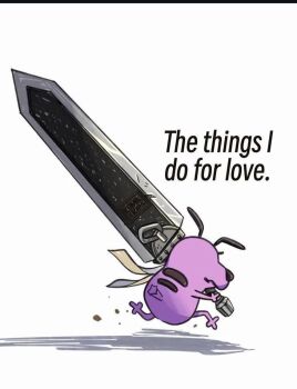 Rule 34 | 1boy, animal, artist request, berserk, cartoon network, courage (character), courage the cowardly dog, crossover, dog, english text, full body, greatsword, holding, holding sword, holding weapon, huge weapon, pink fur, pun, running, simple background, solo, sword, toon (style), weapon, white background