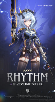 1girl belt black_belt black_gloves black_hat black_skirt black_thighhighs blue_background blue_eyes blue_hair blue_jacket breasts character_name commentary copyright_name duet_night_abyss english_commentary english_text garter_straps gloves hat highres holding holding_weapon jacket looking_at_viewer medium_hair official_art rhythm_(duet_night_abyss) skirt solo thighhighs weapon