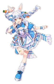 1girl :d animal_ears apron bandaid bandaid_on_leg blue_dress blue_hair blue_shoes bow braid carrot_hair_ornament dress extra_ears floating_hair food-themed_hair_ornament frilled_apron frilled_dress frills full_body hair_bow hair_ornament half-heart_hands hand_up hechima_(issindotai) highres hikimayu hololive layered_dress long_hair looking_at_viewer loose_socks maid multicolored_hair official_alternate_costume official_art open_mouth orange_eyes puffy_short_sleeves puffy_sleeves rabbit-shaped_pupils rabbit_ears rabbit_girl second-party_source shoes short_eyebrows short_sleeves sidelocks simple_background smile sneakers socks solo standing standing_on_one_leg symbol-shaped_pupils teeth thick_eyebrows transparent_background twin_braids two-tone_hair upper_teeth_only usada_pekora virtual_youtuber white_apron white_hair white_socks wing_hair_ornament