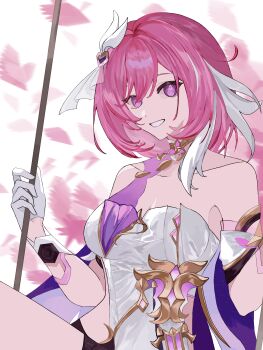 1girl absurdres bare_shoulders breasts chinese_commentary collarbone commentary_request corset diamond-shaped_pupils diamond_(shape) elysia_(herrscher_of_human:_ego)_(honkai_impact) elysia_(honkai_impact) gloves highres honkai_(series) honkai_impact_3rd large_breasts looking_at_viewer multicolored_hair on_swing pink_hair purple_eyes qianzao_a_nong_yi_dongbudong short_hair smile solo swing symbol-shaped_pupils triquetra two-tone_hair white_corset white_gloves white_hair