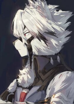 1boy animal_ears black_hair black_streaks corrupted_twitter_file from_side furry furry_male hashtag-only_commentary highres kouchanthree male_focus multicolored_hair red_eyes short_hair solo two-tone_hair von_lycaon wolf_boy wolf_ears zenless_zone_zero