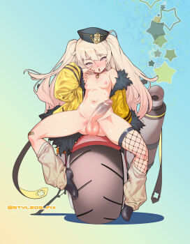 1futa absurdres bache_(azur_lane) bad_tag blonde_hair erection futanari helmet highres penis penis_out purple_eyes solo testicles tomoyuki_kotani