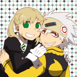 Rule 34 | blonde hair, buttons, collared shirt, diamond button, gloves, green eyes, headband, hug, izumi br69, jacket, looking at viewer, maka albarn, multicolored background, necktie, patterned background, red eyes, school uniform, sharp teeth, shirt, soul eater, soul evans, sticker, striped necktie, teeth, twintails, white gloves, white hair