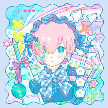 1girl artist_name bandaid bandaid_on_face bird blue_background blue_bow blue_bowtie blue_dress blue_hairband border bow bowtie commentary_request cropped_torso dress flower frilled_hairband frills gingham_bowtie green_eyes grid_background hair_over_one_eye hairband health_bar highres hiro046k looking_at_viewer original pink_hair planted planted_sword planted_weapon purple_border shooting_star short_hair solo straight-on sword weapon white_flower