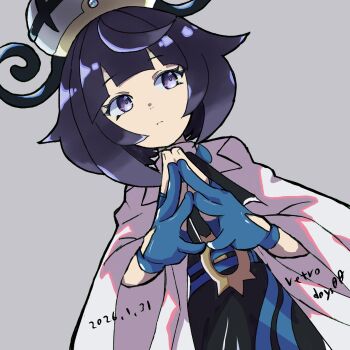 1girl belt black_dress black_hair blue_gloves blunt_bangs bob_cut closed_mouth coat commentary_request dress gloves gwynn_(pokemon) hat highres long_sleeves looking_at_viewer mega_stone multicolored_hair nintendo o-ring o-ring_belt open_clothes open_coat partially_fingerless_gloves pokemon pokemon_legends:_z-a purple_eyes purple_hair retro_boys00 short_hair simple_background solo steepled_fingers white_coat