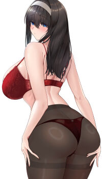1girl absurdres arisugawa_ya ass bare_shoulders black_hair blue_eyes blush bra breasts grabbing_own_thigh hair_between_eyes hairband highres idolmaster idolmaster_cinderella_girls large_breasts long_hair looking_at_viewer panties pantyhose red_bra red_panties sagisawa_fumika see-through_pantyhose solo thighband_pantyhose thighs underwear white_hairband