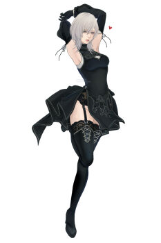 10h_(nier_reincarnation) 1girl armpits arms_behind_head black_boots black_sleeves blue_eyes boots breasts detached_sleeves dress full_body garter_straps grey_hair hair_between_eyes highres medium_breasts medium_hair mitsuki_nite nier_(series) nier_reincarnation pelvic_curtain short_dress solo thigh_boots white_background