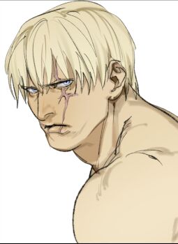 1boy blonde_hair blue_eyes closed_mouth highres jack_krauser looking_at_viewer male_focus muscular non-web_source portrait resident_evil scar tatsumi_(psmhbpiuczn) topless_male