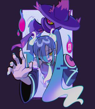 1girl black_sleeves blue_hair commentary coral_(coral_l33) detached_arm detached_sleeves english_commentary floating_hair furrowed_brow gen_4_pokemon ghost_miku_(project_voltage) glowing_neckwear gradient_hair grey_shirt hair_over_one_eye half-closed_eyes hatsune_miku highres long_hair looking_at_viewer mismagius multicolored_hair necktie nintendo open_mouth pokemon pokemon_(creature) project_voltage purple_background reaching reaching_towards_viewer ringed_eyes ripples shaded_face shirt sleeveless sleeveless_shirt solo static through_medium through_screen twintails very_long_hair vocaloid white_hair white_nails white_necktie will-o'-the-wisp_(mythology) wispy_bangs yellow_eyes