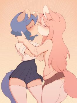 2girls absurdres animal_ear_fluff animal_ears blue_hair blush brand_new_animal closed_eyes commentary english_commentary furry furry_female furry_with_furry heart highres hiwatashi_nazuna kagemori_michiru kiss multiple_girls nepentz pink_hair tail thighhighs yuri