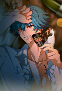 Rule 34 | 1boy, arm up, blue hair, blurry, blurry background, brant (wuthering waves), collarbone, commentary, english commentary, from above, grin, hair between eyes, highres, holding, holding mask, looking at viewer, lying, male focus, mask, multicolored hair, on back, open clothes, open shirt, pink eyes, sae naiyatsu, shirt, short hair, smile, solo, streaked hair, tacet mark (wuthering waves), toned, toned male, upper body, white shirt, wuthering waves