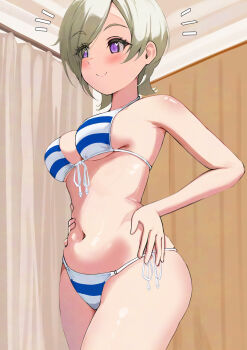 Rule 34 | 1girl, bare arms, bikini, blonde hair, blue bikini, blush, breasts, closed mouth, commentary request, commission, dressing room, hand on own hip, heart, heart-shaped pupils, highres, indoors, love live!, love live! nijigasaki high school idol club, mia taylor, multicolored hair, navel, pisagi, pixiv commission, purple eyes, short hair, side-tie bikini bottom, sidelocks, small breasts, solo, standing, striped bikini, striped clothes, swimsuit, symbol-shaped pupils, two-tone hair, underboob, white bikini