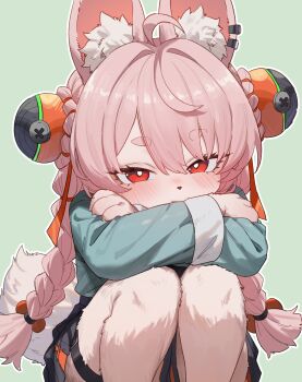 1girl animal_ear_fluff animal_ears braid commentary crossed_arms furry furry_female heoningu highres long_hair looking_at_viewer pink_hair rabbit_ears rabbit_girl red_eyes solo tail twin_braids zenless_zone_zero zhao_(zenless_zone_zero)