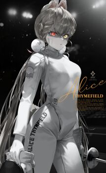 1girl alice_thymefield animal_ears breasts cowboy_shot fencing_suit heterochromia highres holding holding_sword holding_weapon long_hair long_sleeves medium_breasts rabbit_ears rapier red_eyes solo standing sword team.achv twintails very_long_hair weapon yellow_eyes zenless_zone_zero